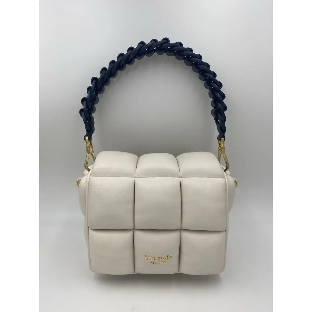 Kate Spade Boxxy Crossbody Bag East West Ivory Navy Blue Woven Puffy Leather